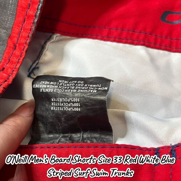 Preowned O’Neill Men’s Board Shorts Size 33 Red White Blue Striped Surf Swim Tru - Picture 2 of 8